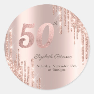 Pegatina Redonda Rosa Purpurina de Oro delata 50 cumpleaños