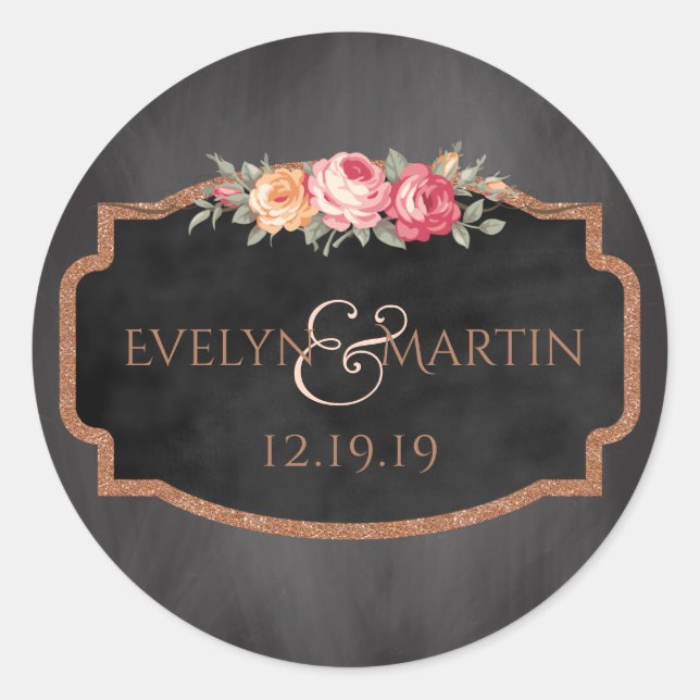 Pegatina Redonda Rosa Purpurina de oro Floral Chalkboard Wedding Fa (Anverso)