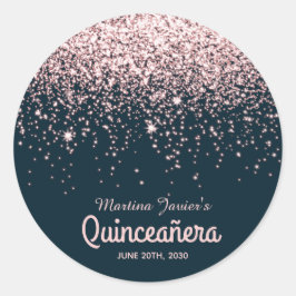 Pegatina Redonda Rosa Purpurina de Oro Rosa Quinceañera 15º cumplea