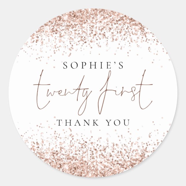 Pegatina Redonda Rosa Purpurina De Oro Veintiún Años Gracias (Anverso)