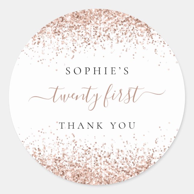 Pegatina Redonda Rosa Purpurina De Oro Veintiún Años Gracias (Anverso)