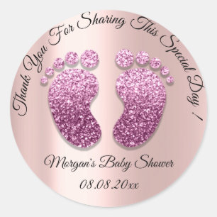 Pegatina Redonda Rosa Purpurina Feet Baby Shower Favor Gracias