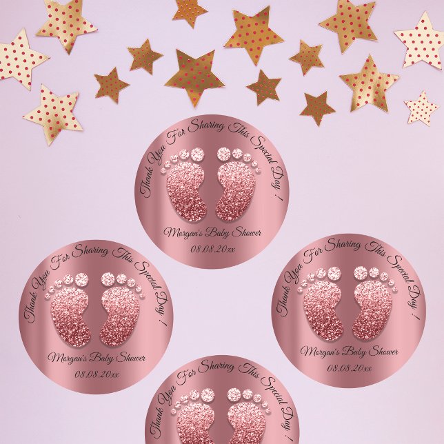 Pegatina Redonda Rosa Purpurina Feet Baby Shower Favor Gracias (Rose Glitter Feet Baby Shower Favor Thank You Classic Round Sticker)