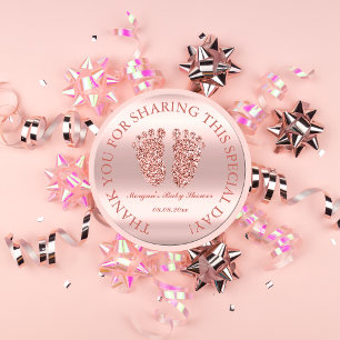 Pegatina Redonda Rosa Purpurina Feet Baby Shower Favor Gracias Glam