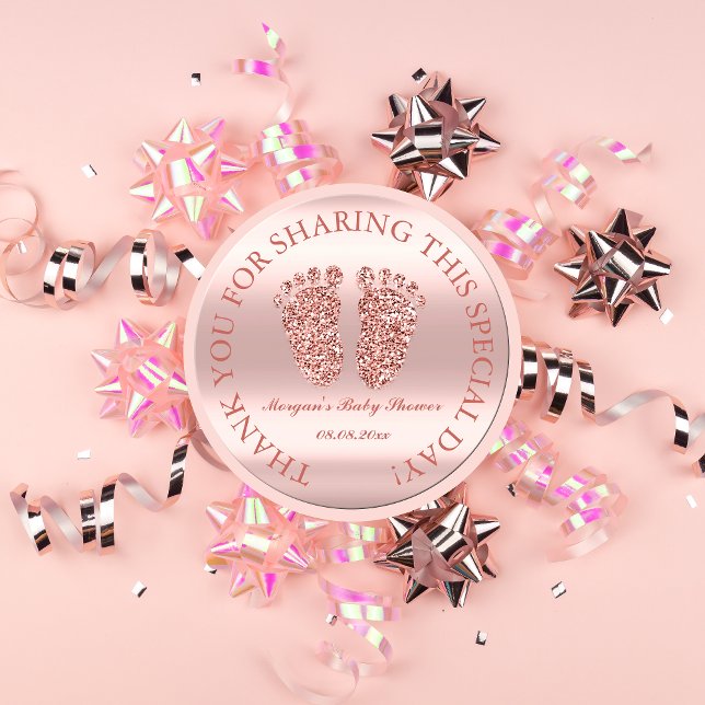 Pegatina Redonda Rosa Purpurina Feet Baby Shower Favor Gracias Glam (Rose Glitter Feet Baby Shower Favor Thank You Glam Classic Round Sticker)