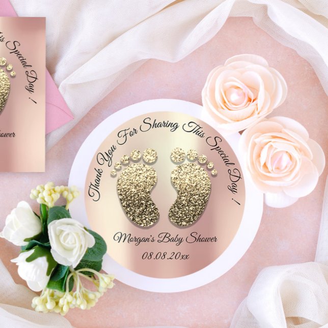 Pegatina Redonda Rosa Purpurina Gold Feet Baby Shower Favor Gracias (Rose Gold Glitter Feet Baby Shower Favor Thank Classic Round Sticker)