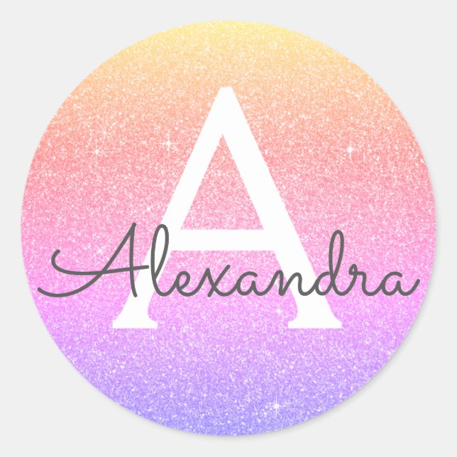 Pegatina Redonda Rosa: Purpurina morado y monograma espumoso (Anverso)