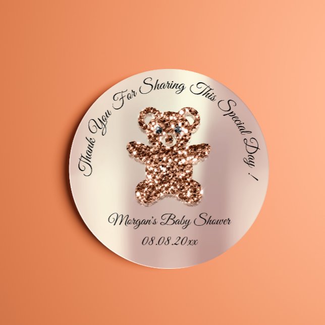 Pegatina Redonda Rosa Purpurina Oro Bear Baby Shower Favor Gracias (Subido por el creador)
