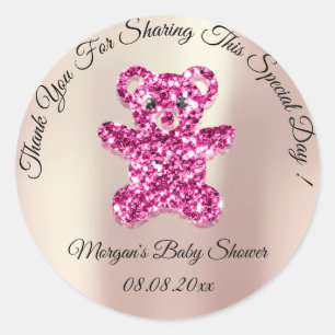 Pegatina Redonda Rosa Purpurina oro oso Baby Shower Favor Rosa
