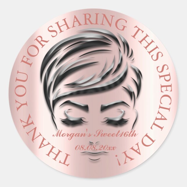 Pegatina Redonda Rosa Purpurina Pies Dulce 16º Favor Gracias Glam (Anverso)