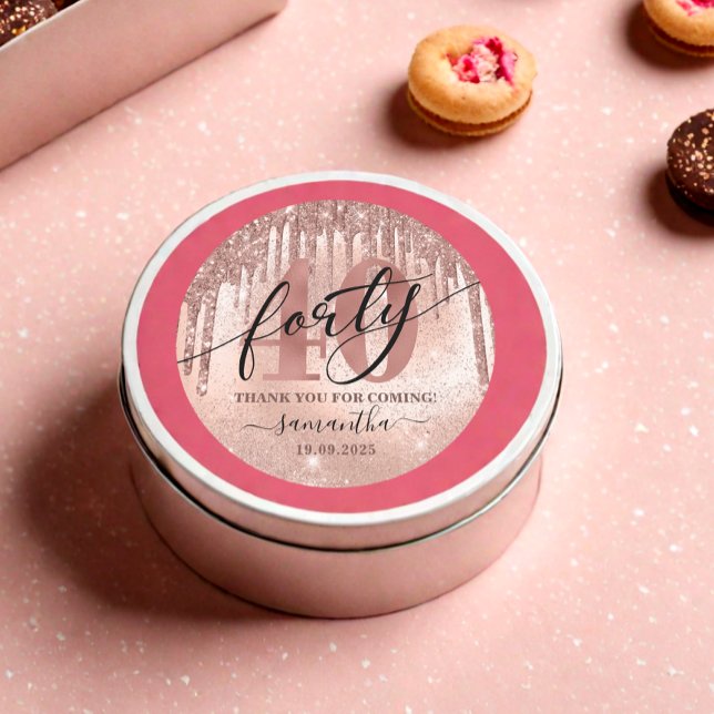 Pegatina Redonda Rosa Purpurina y Relieve metalizado Faux 40 cumple (Subido por el creador)