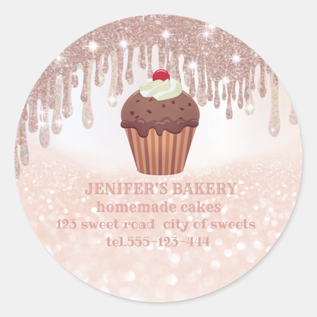 Pegatina Redonda Rosa purpurinoso de oro quequitos y dulces caseros (Anverso)