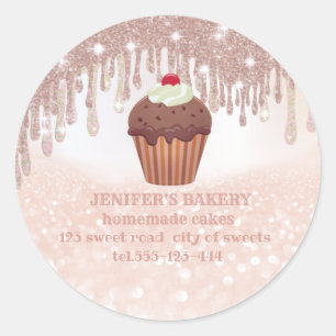 Pegatina Redonda Rosa purpurinoso de oro quequitos y dulces caseros