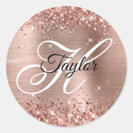 Pegatina Redonda Rosa Purpurinoso Monograma de Fiebre Metálica de O