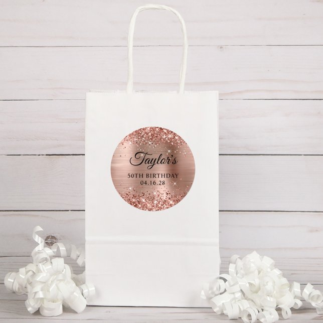 Pegatina Redonda Rosa Purpurinoso Relieve metalizado dorado 50 cump (Glitter Rose Gold Favor Bag Sticker)
