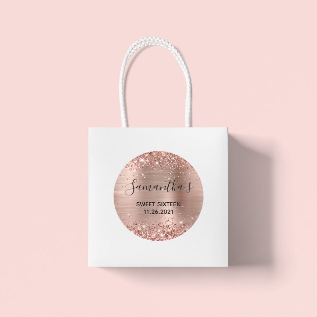 Pegatina Redonda Rosa Purpurinoso Relieve metalizado dorado Dulce D (Large Round Favor Stickers)