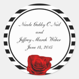 Pegatina Redonda Rosa roja en Boda de franjas blanco y negro