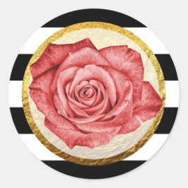 Pegatina Redonda Rosa Roja Moderna Hoja de Oro Falso Rayado de Boda