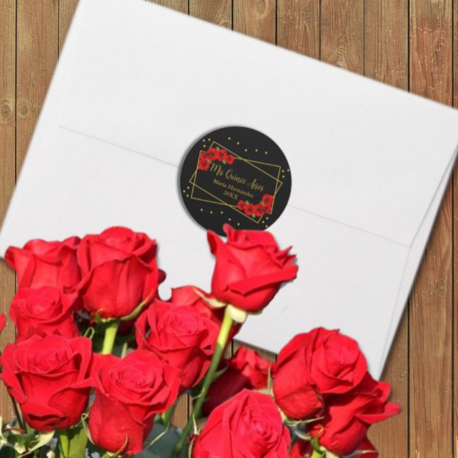 Pegatina Redonda Rosa Roja Negro y Quinceañera de oro (Subido por el creador)