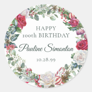 Pegatina Redonda Rosa Roja y Holly 100 cumpleaños elegante