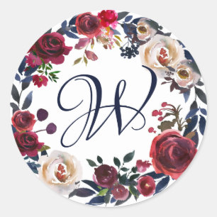 Pegatina Redonda Rosa rojo y blanco Floral Wreath monogramado