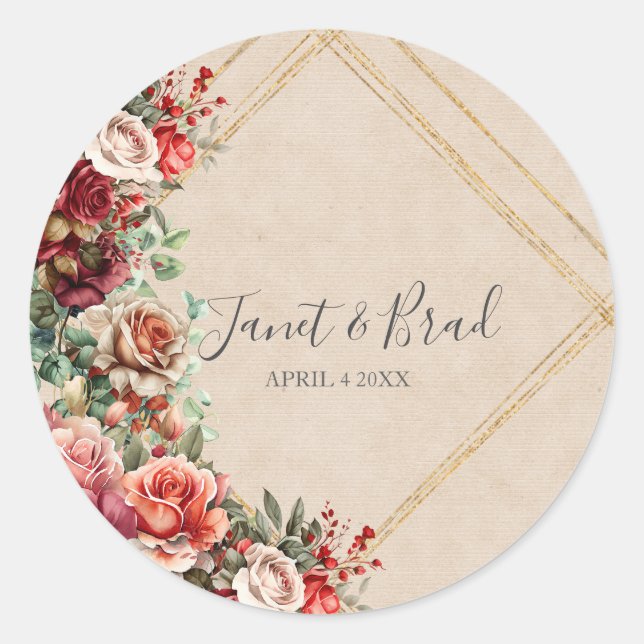 Pegatina Redonda Rosa romántico Eucalipto floral (Anverso)