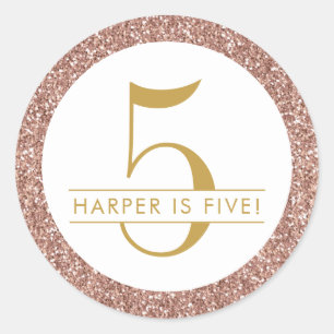Pegatina Redonda Rosa Rosa 5 de cumpleaños  Purpurina de oro Favor