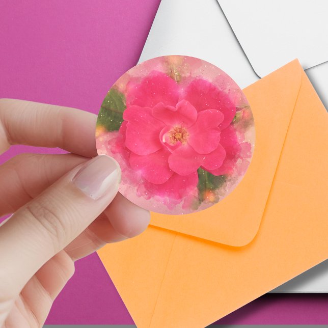 Pegatina Redonda Rosa Rosa Choque de Acuarela  (A pretty pink double knockout rose is beautiful to adorn any envelope, favor bag, or gift!)