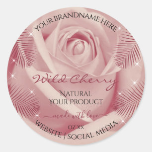 Pegatina Redonda Rosa rosa con hojas de palma de Borgoña