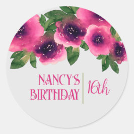 Pegatina Redonda Rosa rosa de color de agua de texto rosado 16º cum