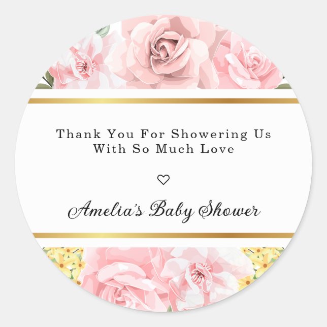 Pegatina Redonda Rosa Rosa Floral Amor Y Gracias Baby Shower (Anverso)
