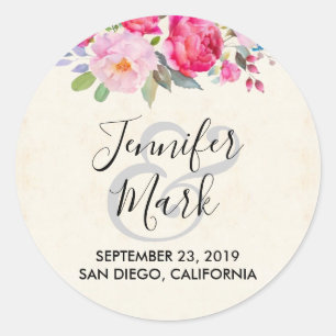Pegatina Redonda Rosa rosa rosa bonito y Boda fronterizo peony
