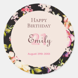 Pegatina Redonda Rosa rosa y amarillo color de agua en negro, cumpl