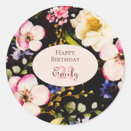 Pegatina Redonda Rosa rosa y amarillo color de agua en negro, cumpl