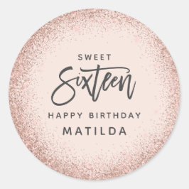 Pegatina Redonda Rosa rosada purpurina de oro 16 años
