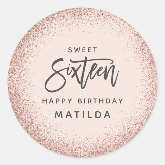 Pegatina Redonda Rosa rosada purpurina de oro 16 años (Anverso)