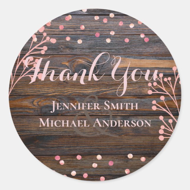 Pegatina Redonda Rosa RÚSTICO Boda DE ORO Pink Wood Presupuesto (Anverso)