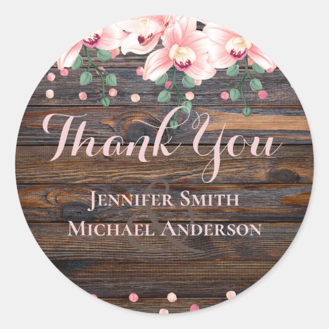 Pegatina Redonda Rosa Rústico Boda Floral Rosa (Anverso)
