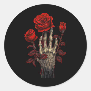 Pegatina Redonda Rosa Skeleton Skull Hand Red Flower Rosa 1