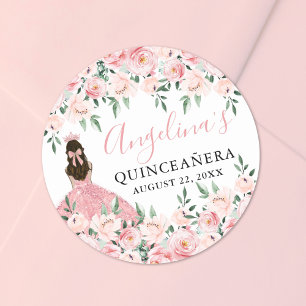 Pegatina Redonda Rosa Sonrojado Corona Floral Quinceañera