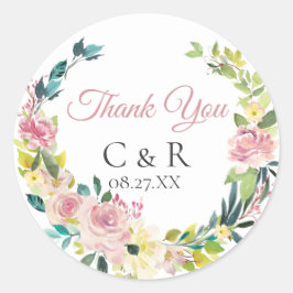 Pegatina Redonda Rosa turbio floral Wreath Boda personalizado