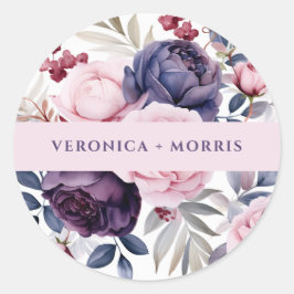 Pegatina Redonda Rosa violeta y turbio boda de acuarela floral