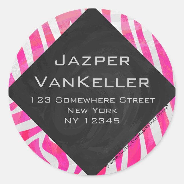 Pegatina Redonda Rosa y blanco caluroso de cebra con monograma (Anverso)