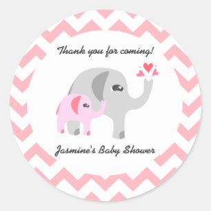 Pegatina Redonda Rosa y blanco de Baby Shower del elefante
