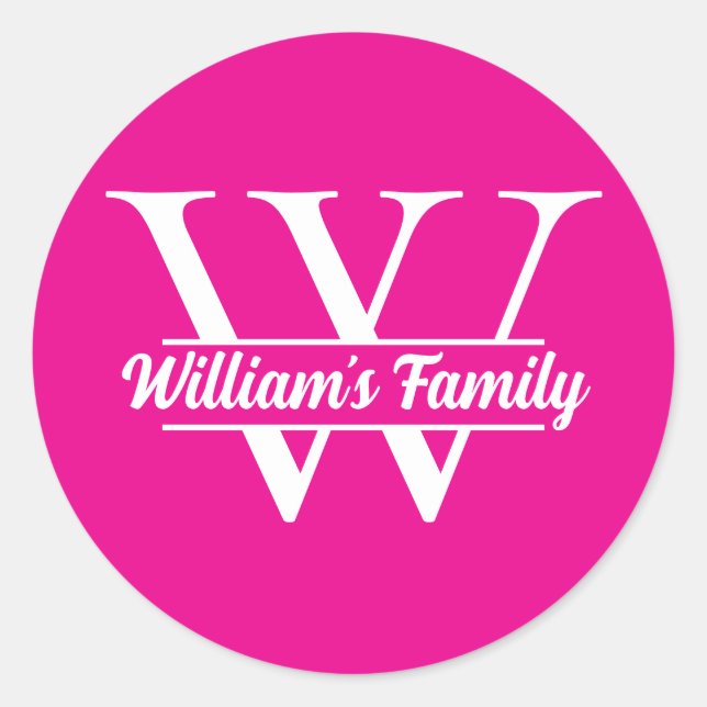 Pegatina Redonda Rosa y Blanco | Monograma Simple de Apellido Famil (Anverso)