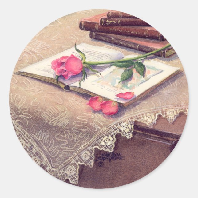 Pegatina Redonda ROSA y LIBROS de SHARON SHARPE (Anverso)