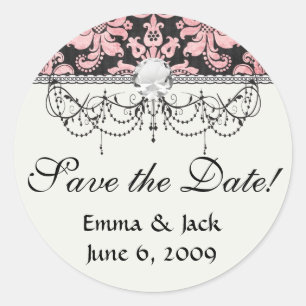 Pegatina Redonda rosa y negro ornamentado fleur chic damask