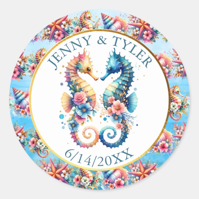 Pegatina Redonda Rosado, azul y dorado costero playa dólar de arena (Anverso)