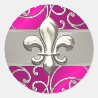 Pegatina Redonda Rosado caliente y plateado Filigree Swirls Fleur d