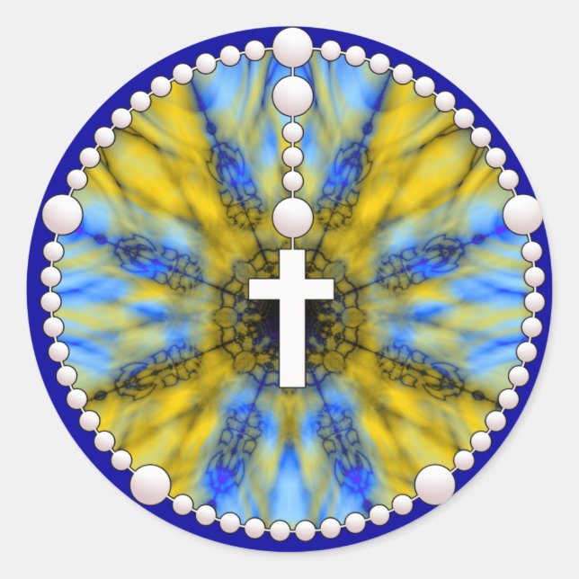 Pegatina Redonda Rosary Dream Catcher amarillo y azul (Anverso)